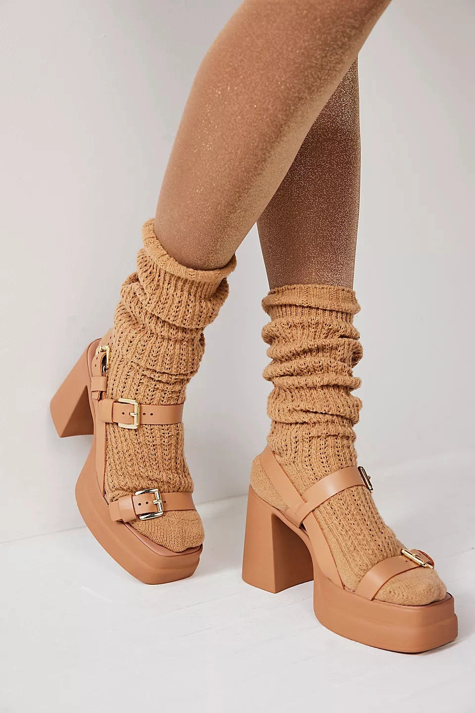 Free People Shoes Pamela Double Stack Platform Heels in Vachetta Elastic Strap
