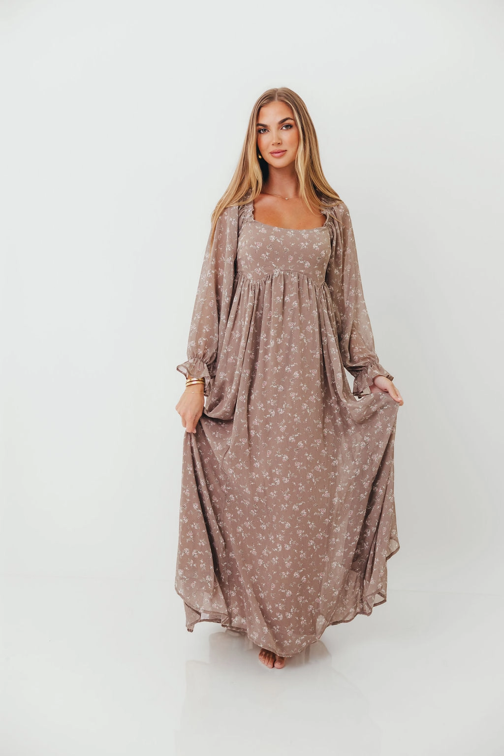 Amy Floral Long Sleeve Maxi Dress in Mocha Multi - Bump Friendly Wrap style