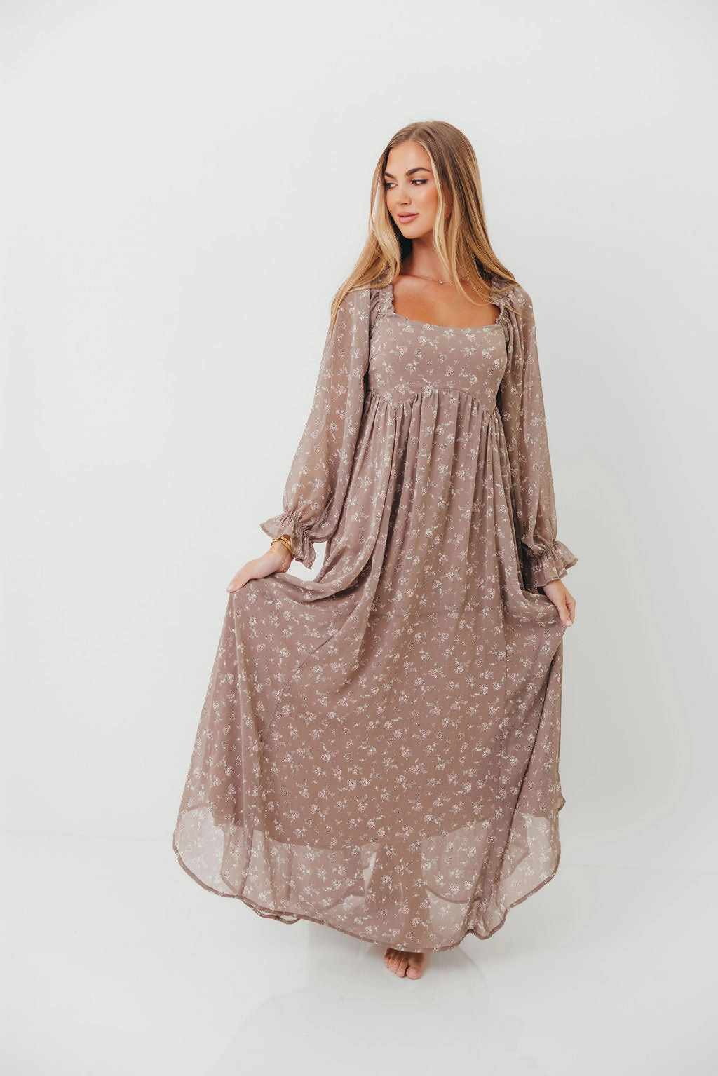 Organic-Fabric Brunch Outfit Amy Floral Long Sleeve Maxi Dress in Mocha Multi - Bump Friendly