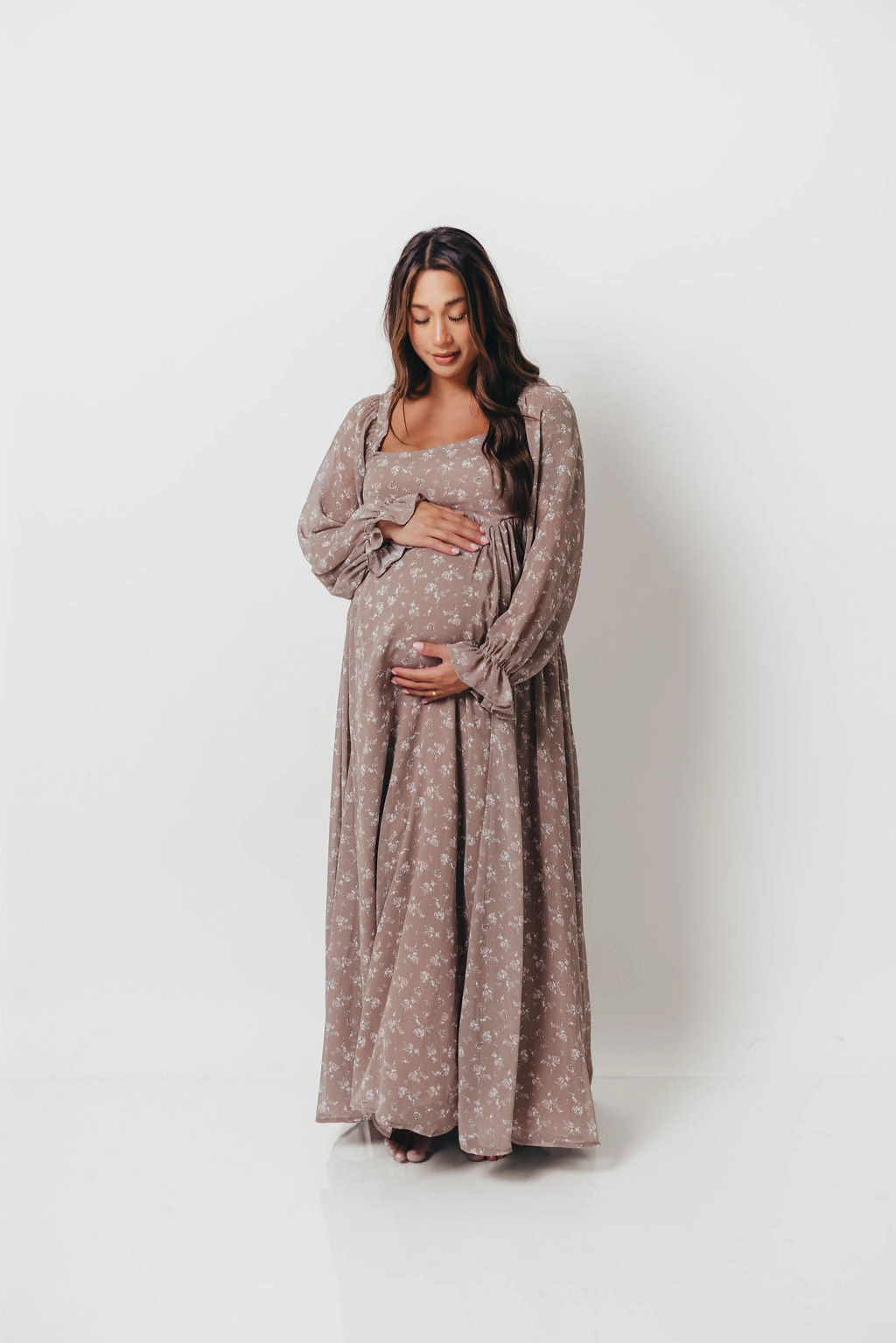 Light Wear Feminine Movement Amy Floral Long Sleeve Maxi Dress in Mocha Multi - Bump Friendly