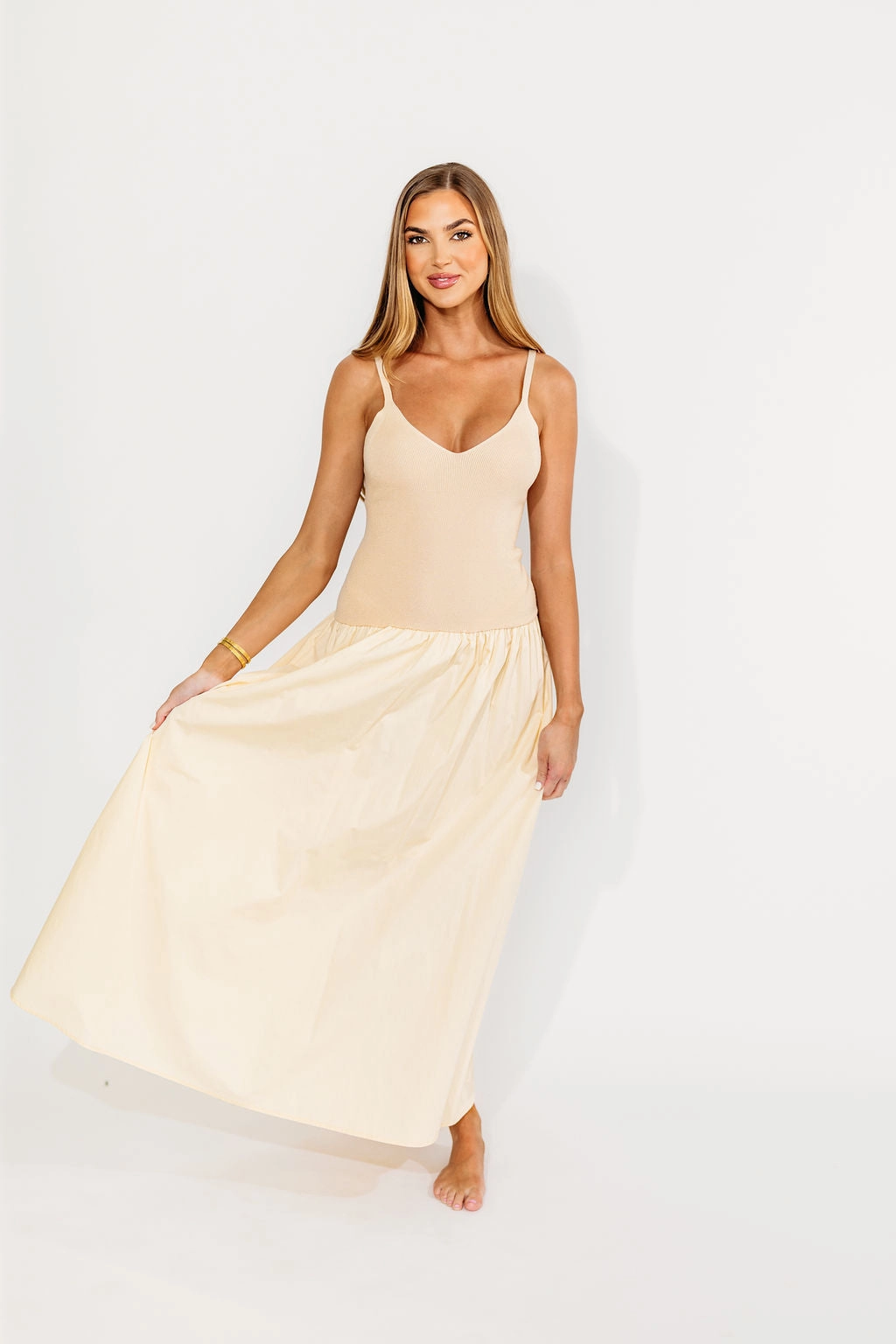 Gaby V-Neck Mixed Media Maxi Dress in Cream *Final-Sale* Relaxed Layer