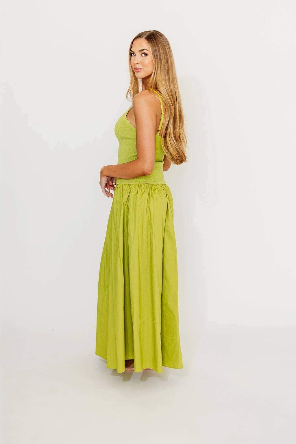 Gaby V-Neck Sleeveless Mixed Media Maxi Dress in Green *Final-Sale* Smooth Blend Premium Quality