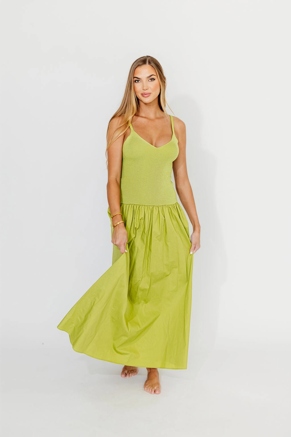Gaby V-Neck Sleeveless Mixed Media Maxi Dress in Green *Final-Sale* Breathable Style