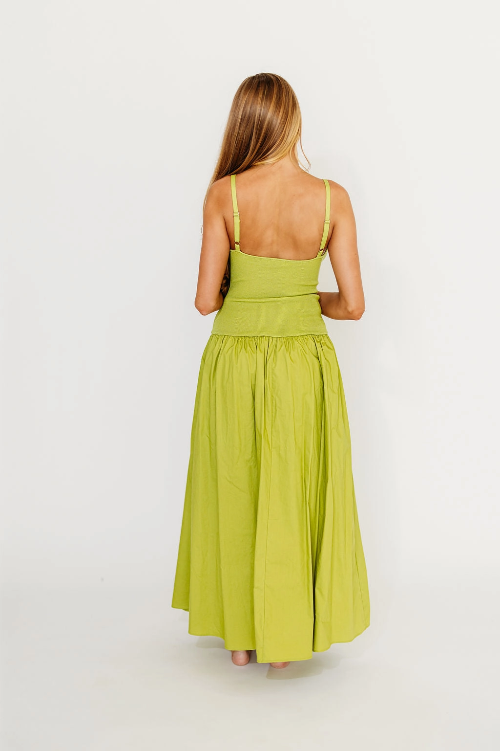 Gaby V-Neck Sleeveless Mixed Media Maxi Dress in Green *Final-Sale* Feminine off-the-shoulder gown Casual Look