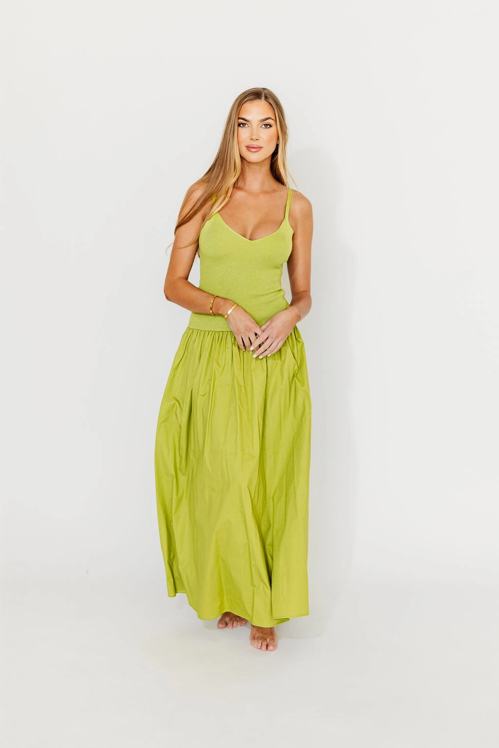 Gaby V-Neck Sleeveless Mixed Media Maxi Dress in Green *Final-Sale* Velvet-Edge Fresh Stitch