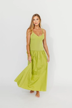 Gaby V-Neck Sleeveless Mixed Media Maxi Dress in Green *Final-Sale* Breathable Style