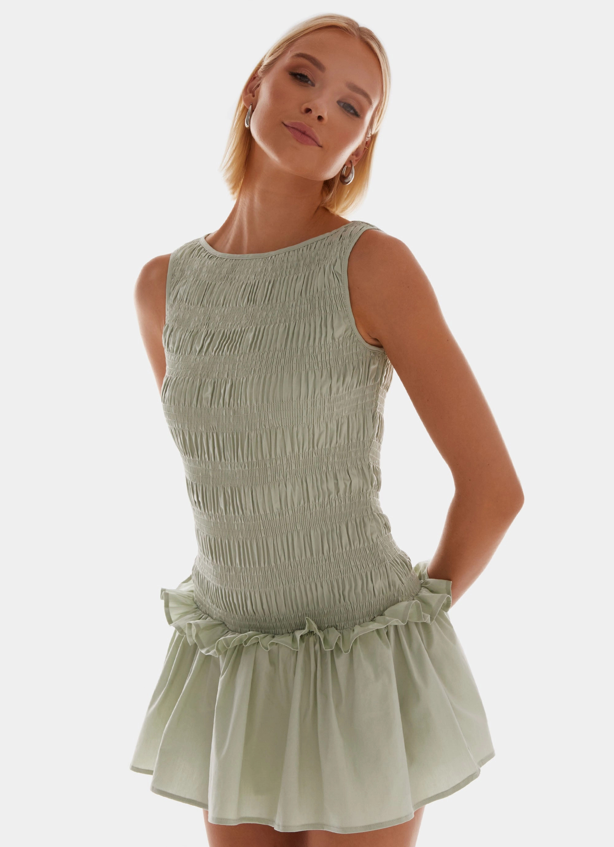 Garden Kisses Shirred Mini Dress - Sage photo look