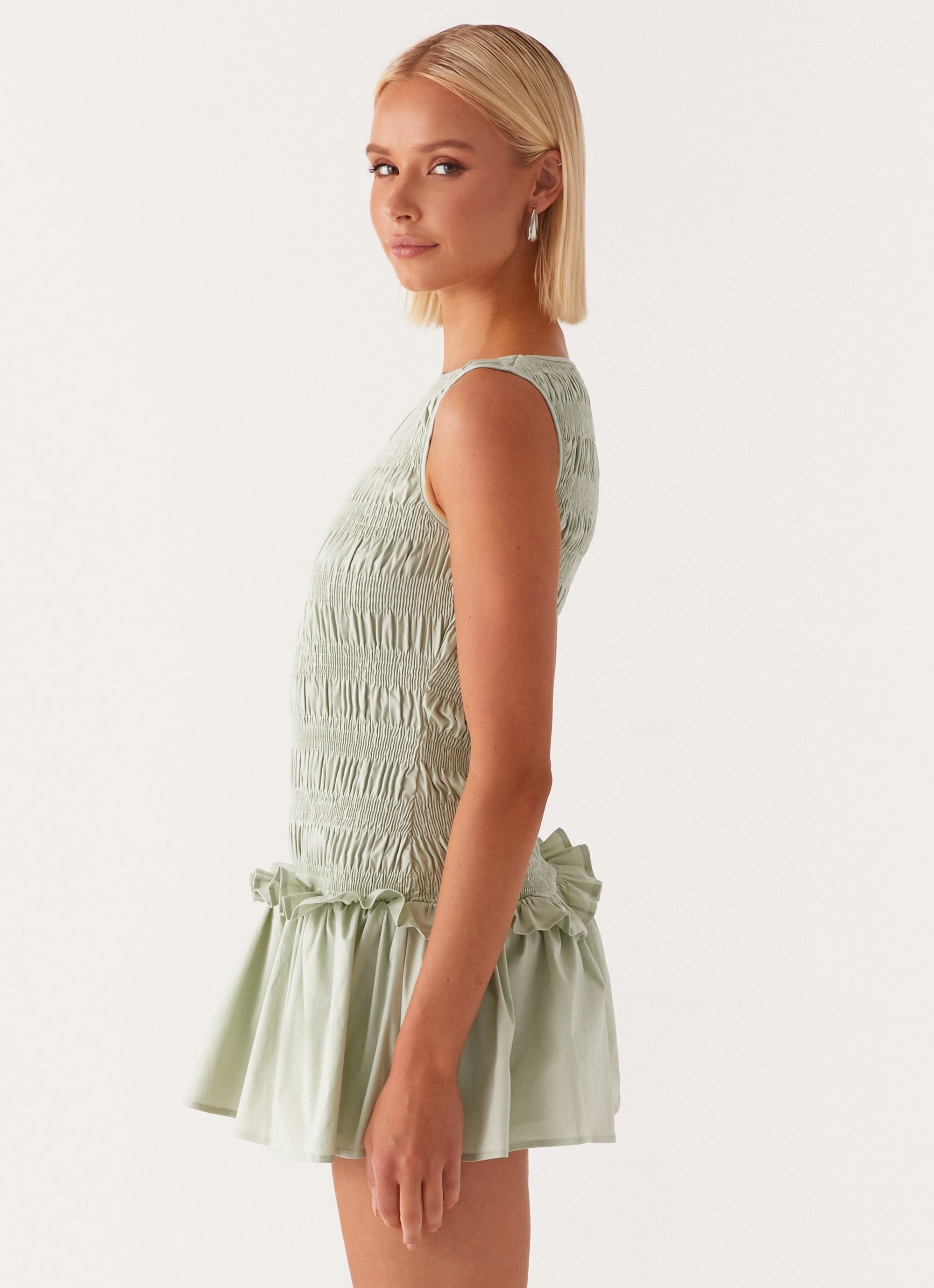 Garden Kisses Shirred Mini Dress - Sage flattering appearance Spring Mood