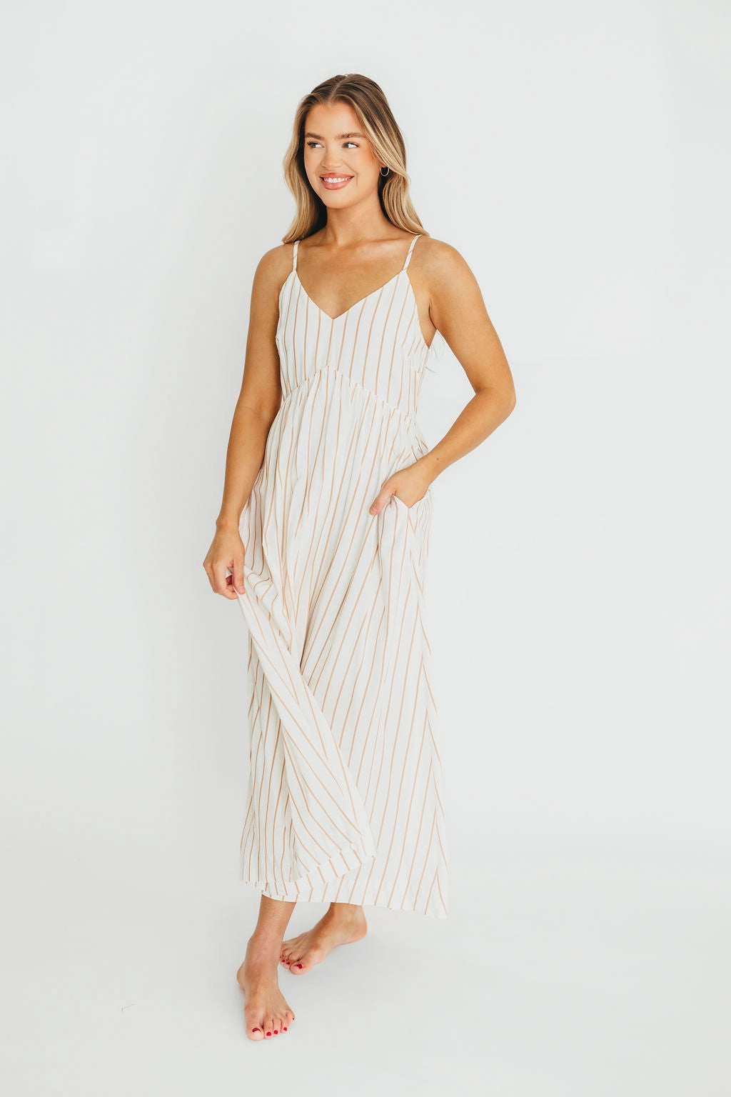 Genesis Stripe Midi Dress in White/Taupe *Final-Sale* Silky Finish Fall Silhouette