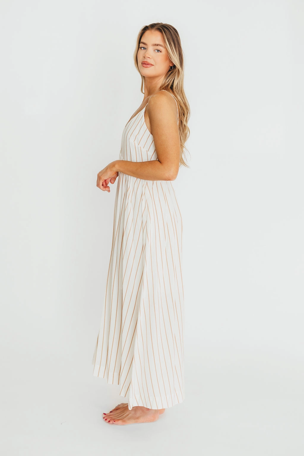 Genesis Stripe Midi Dress in White/Taupe *Final-Sale* Halter-Neck