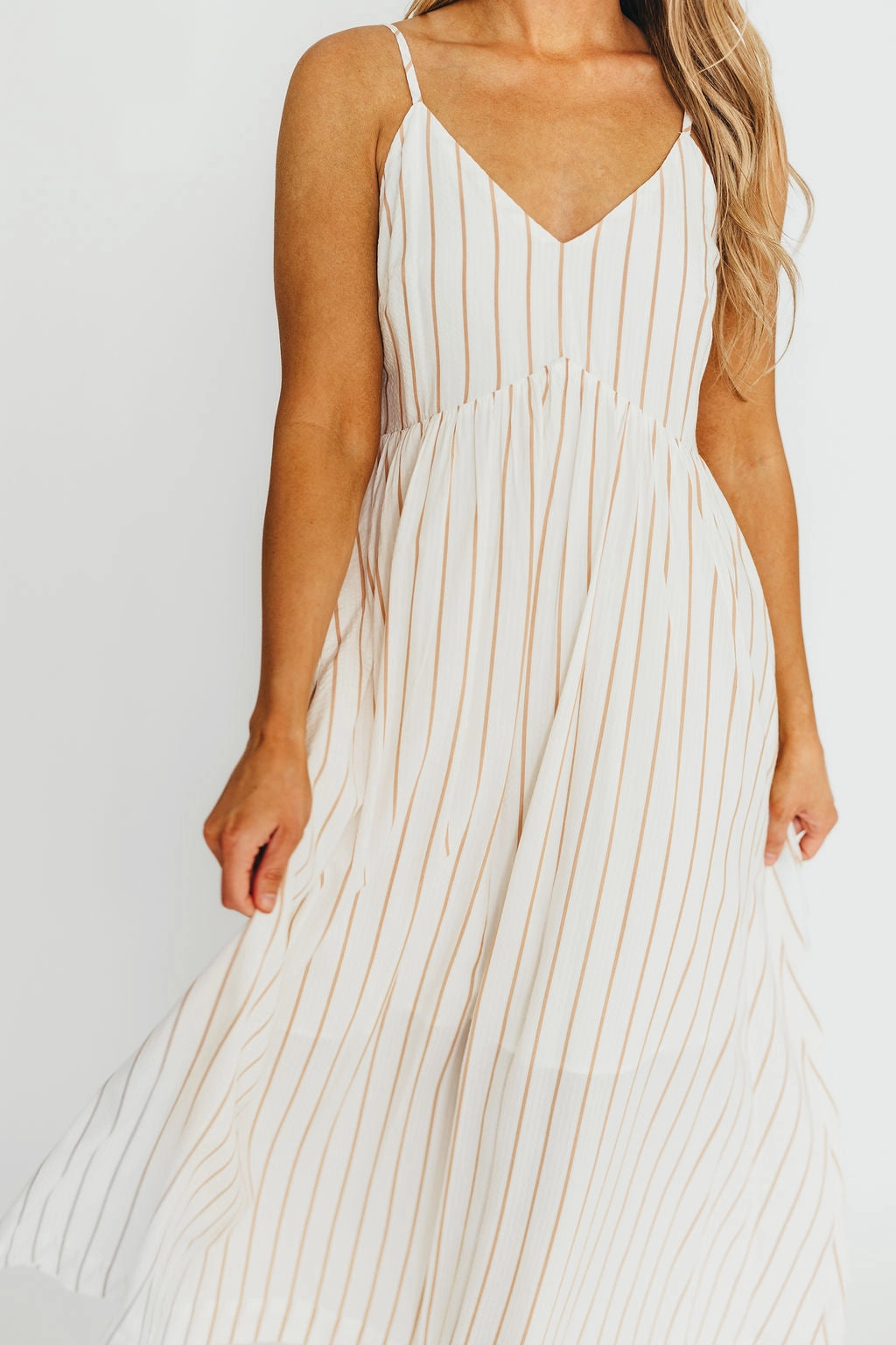 Genesis Stripe Midi Dress in White/Taupe *Final-Sale* Textured Surface