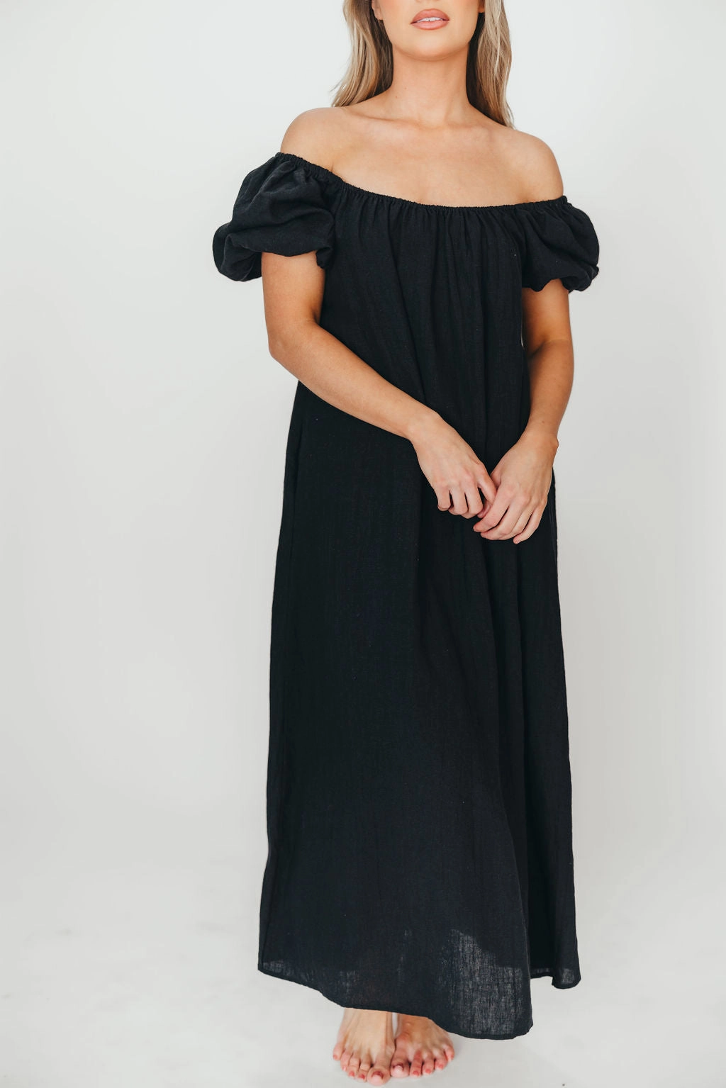 Genoa 100% Linen Maxi Dress in Black - Bump Friendly Active Moments Flattering Shape Wear