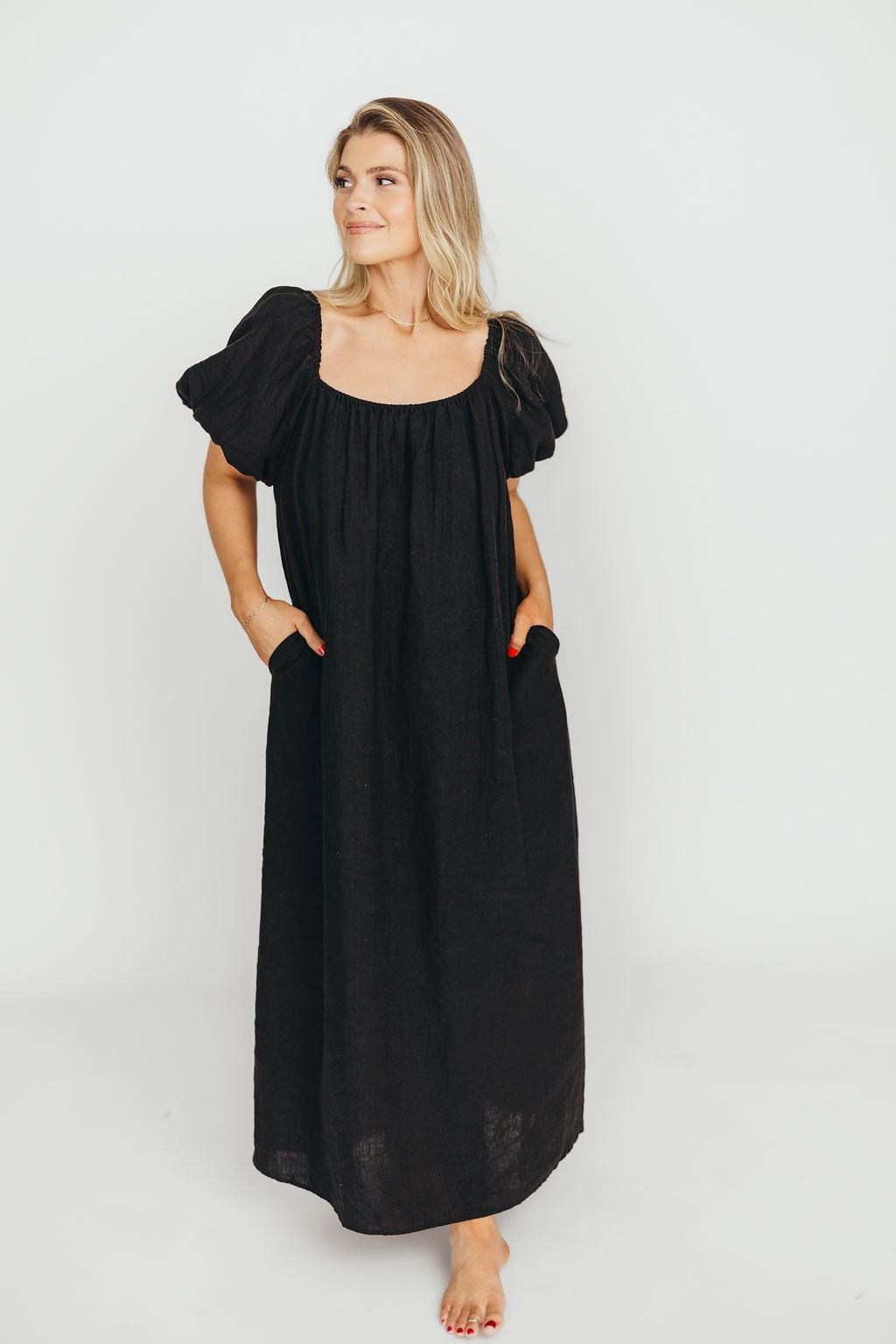 Metallic-Shine Genoa 100% Linen Maxi Dress in Black - Bump Friendly