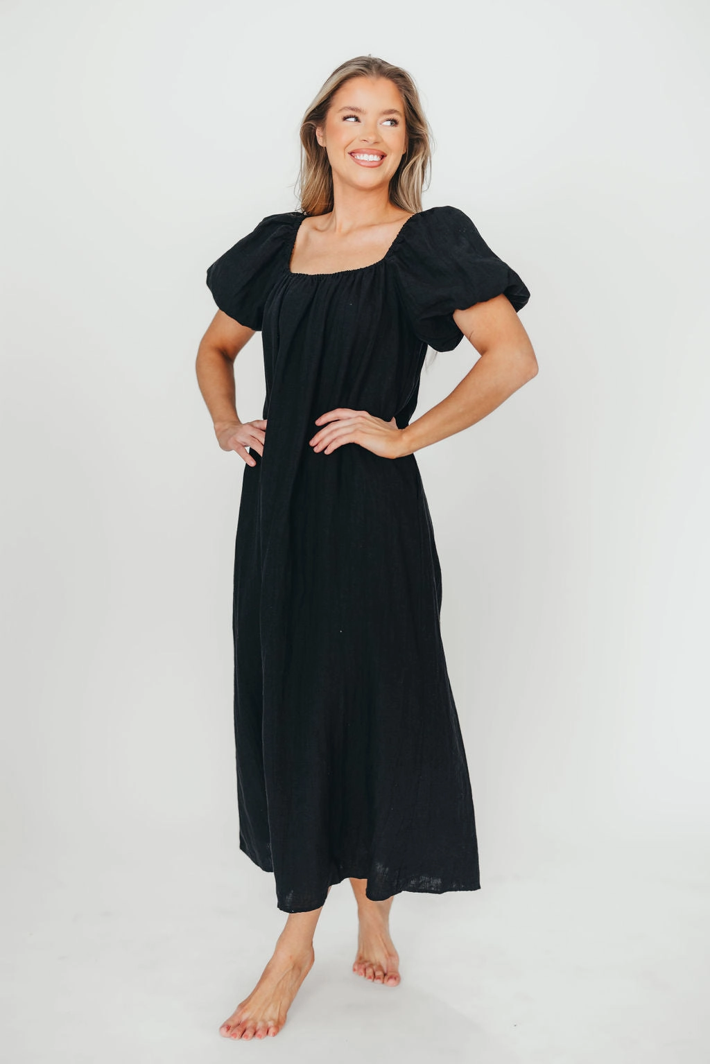 Ruched-Detail Genoa 100% Linen Maxi Dress in Black - Bump Friendly