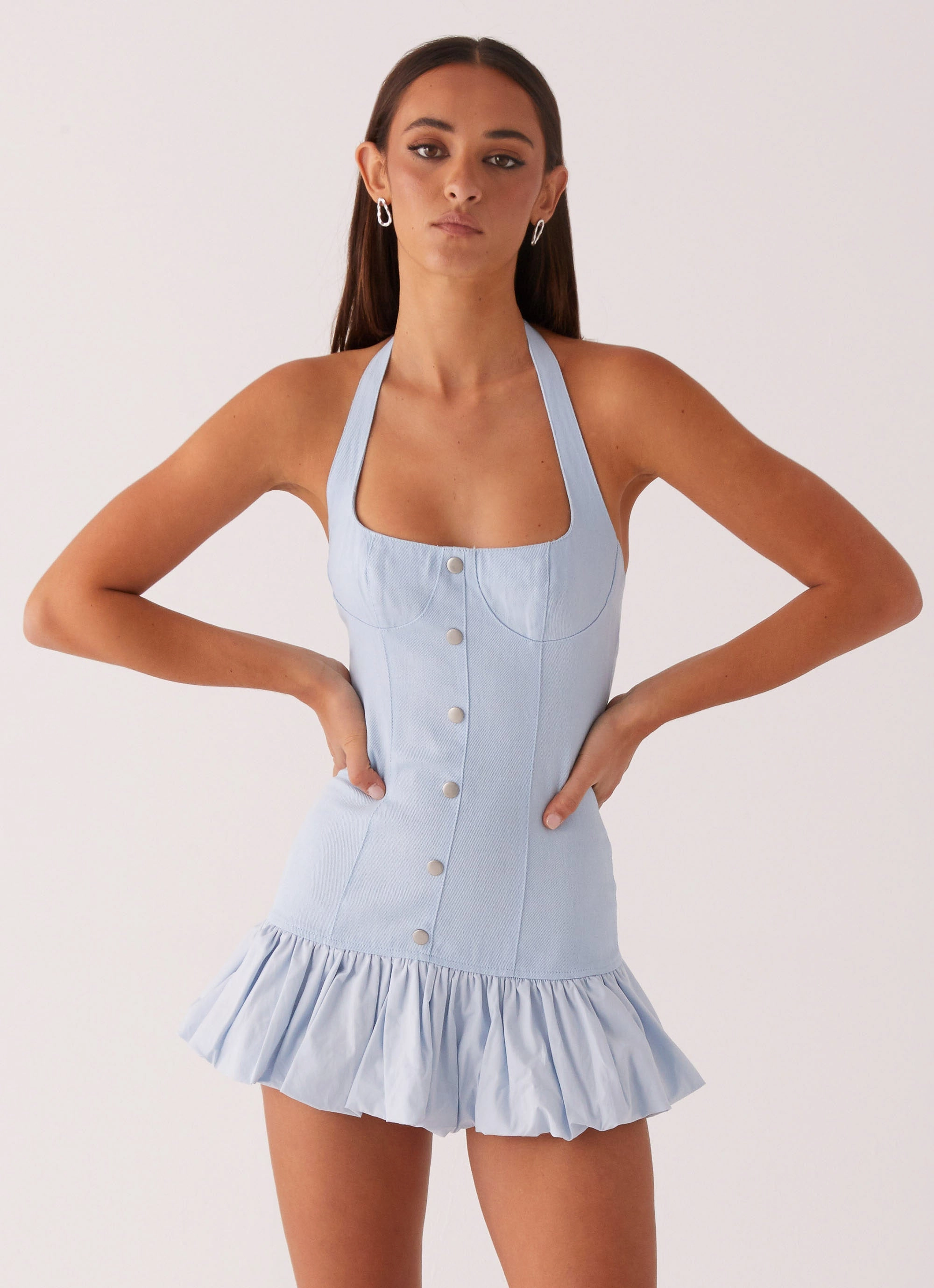 Natural Style Satin Finish Georgina Denim Mini Dress - Light Blue
