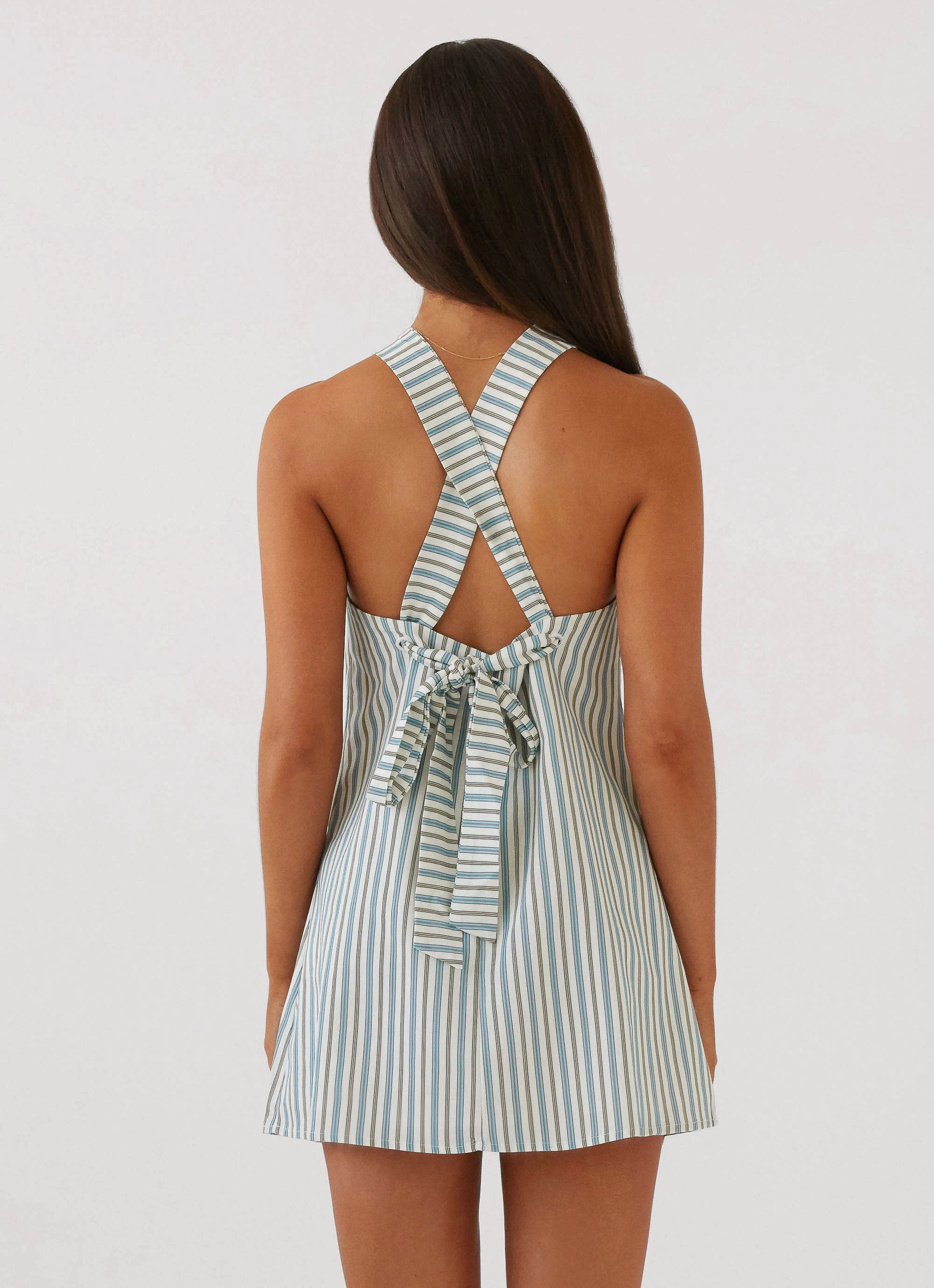 Keira Linen Mini Dress - Blue Choc Stripe Elegant Layer