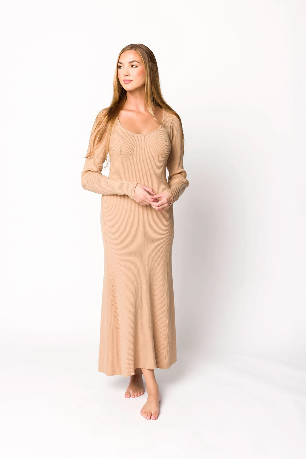 Water-resistant Alison Knit Sweater Maxi Dress in Almond