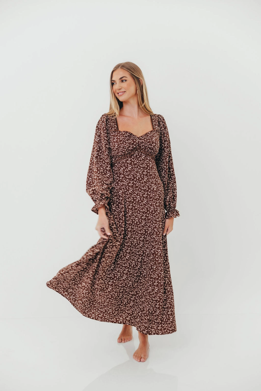 Playful Twist Body Fit Erin Floral Maxi Dress in Mocha