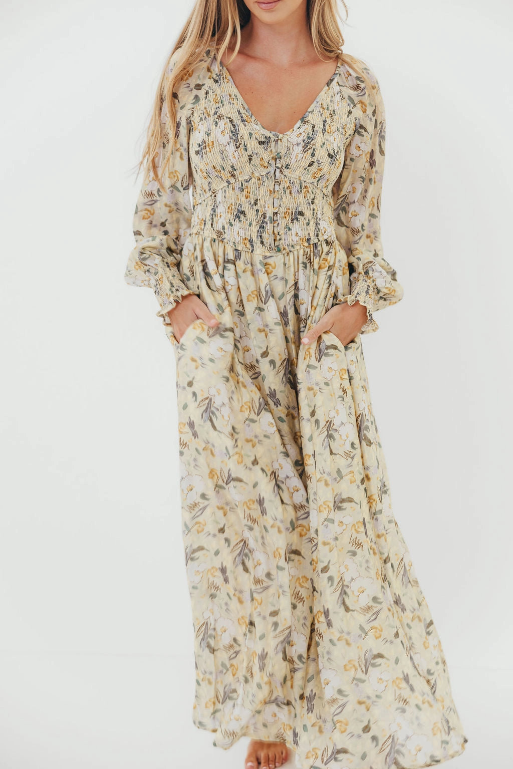 Luann Floral Maxi Dress in Vintage Cream Shirred-Detail