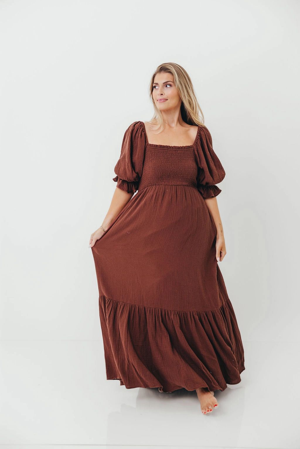 Clean Chic Resort Vibes Livvy 100% Cotton Maxi Dress in Rust Brown - Bump Friendly