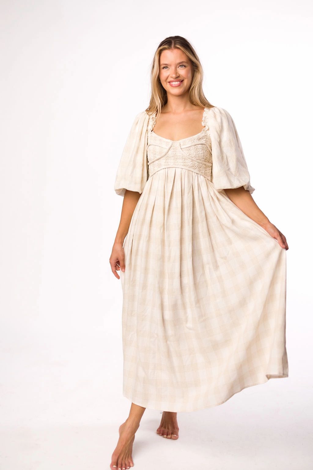 Harlow Maxi Dress in Natural Plaid - Bump Friendly Tailored Comfort
