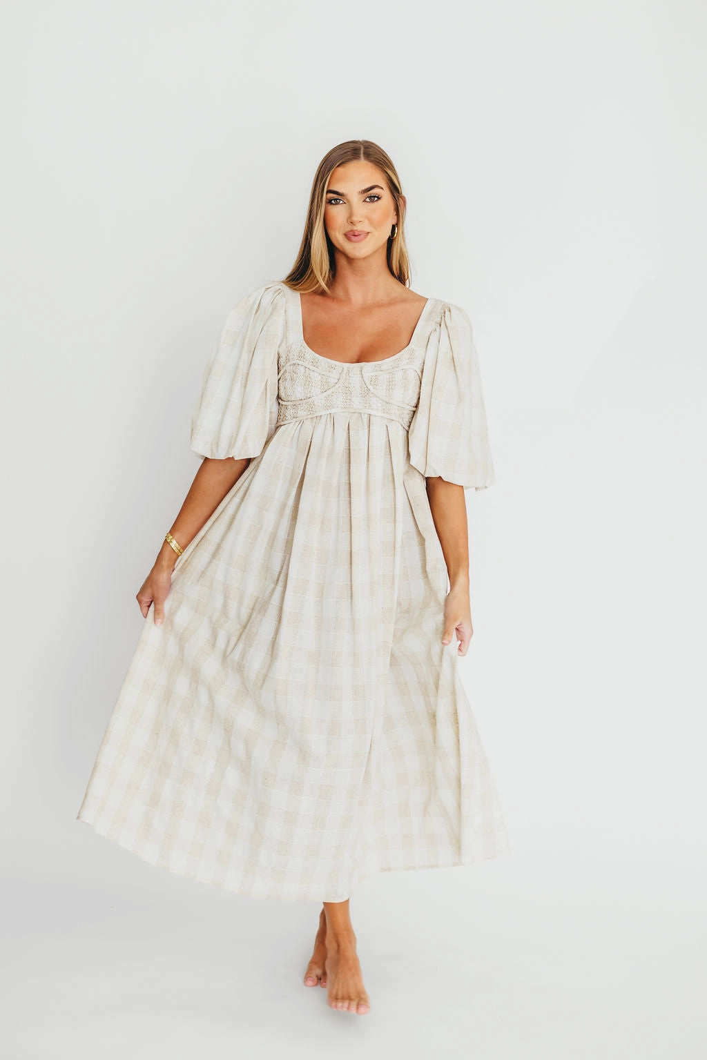 Harlow Maxi Dress in Natural Plaid - Bump Friendly Loose Fit Cozy Texture