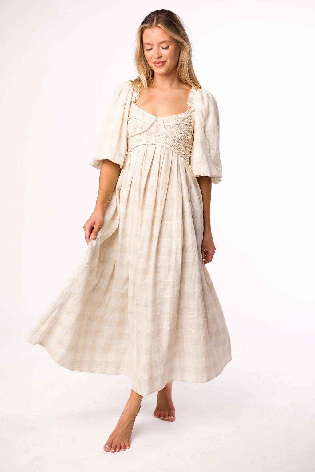 Harlow Maxi Dress in Natural Plaid - Bump Friendly Trendy Piece