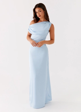 Fashionable And Functional Clean Texture Heart Of Glass Satin Maxi Dress - Blue