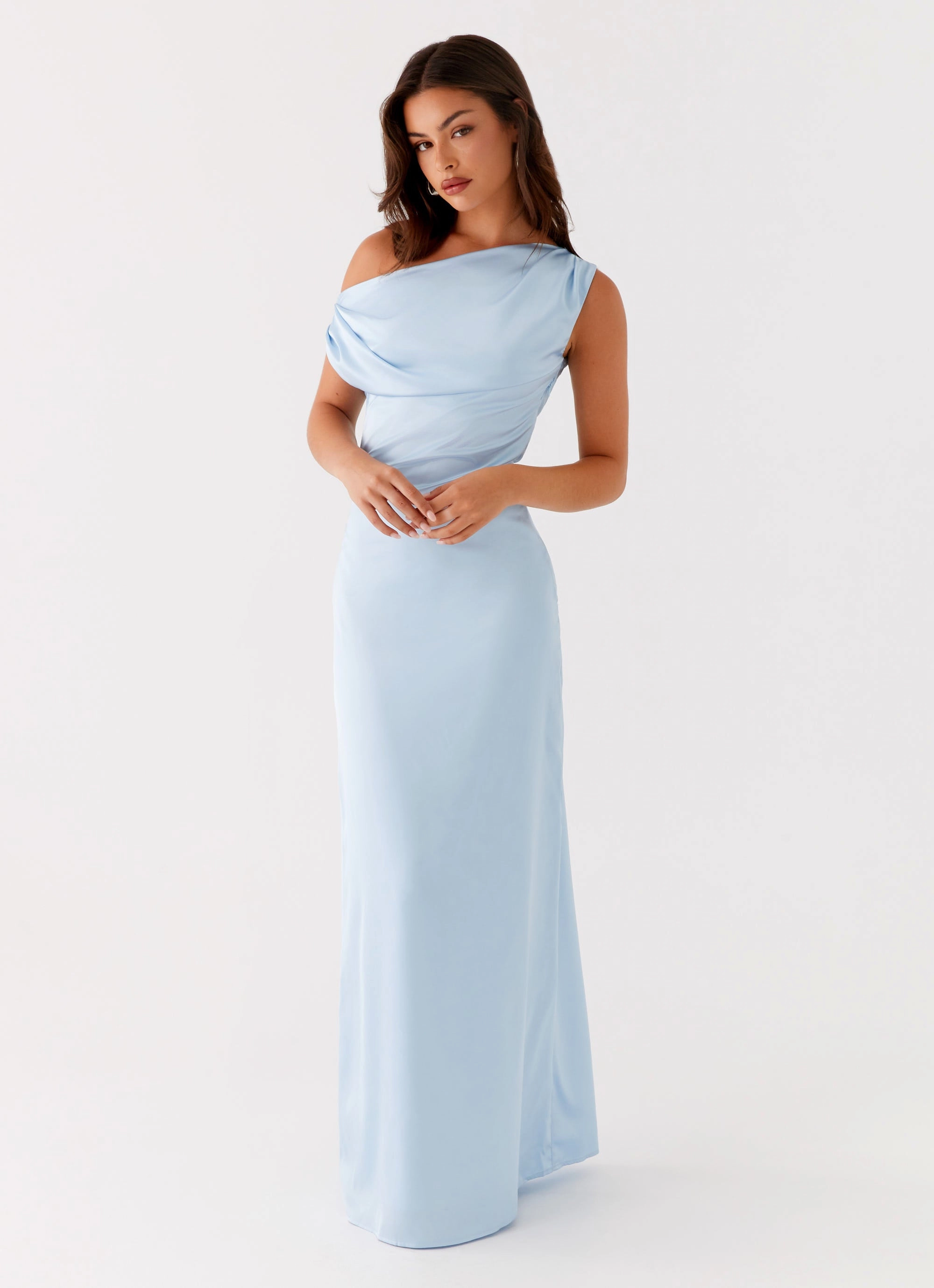 Fashionable And Functional Clean Texture Heart Of Glass Satin Maxi Dress - Blue