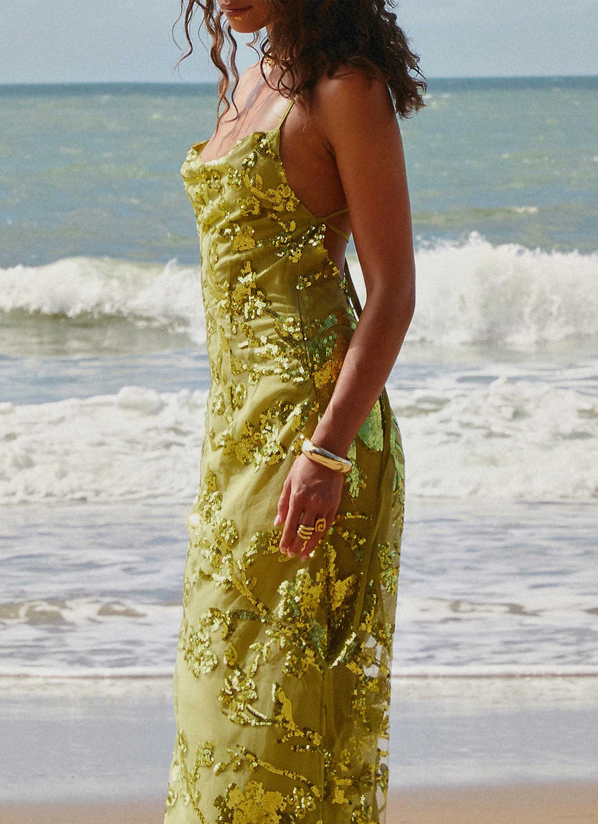 Flowy Cut Havana Sequin Maxi Dress - Lime