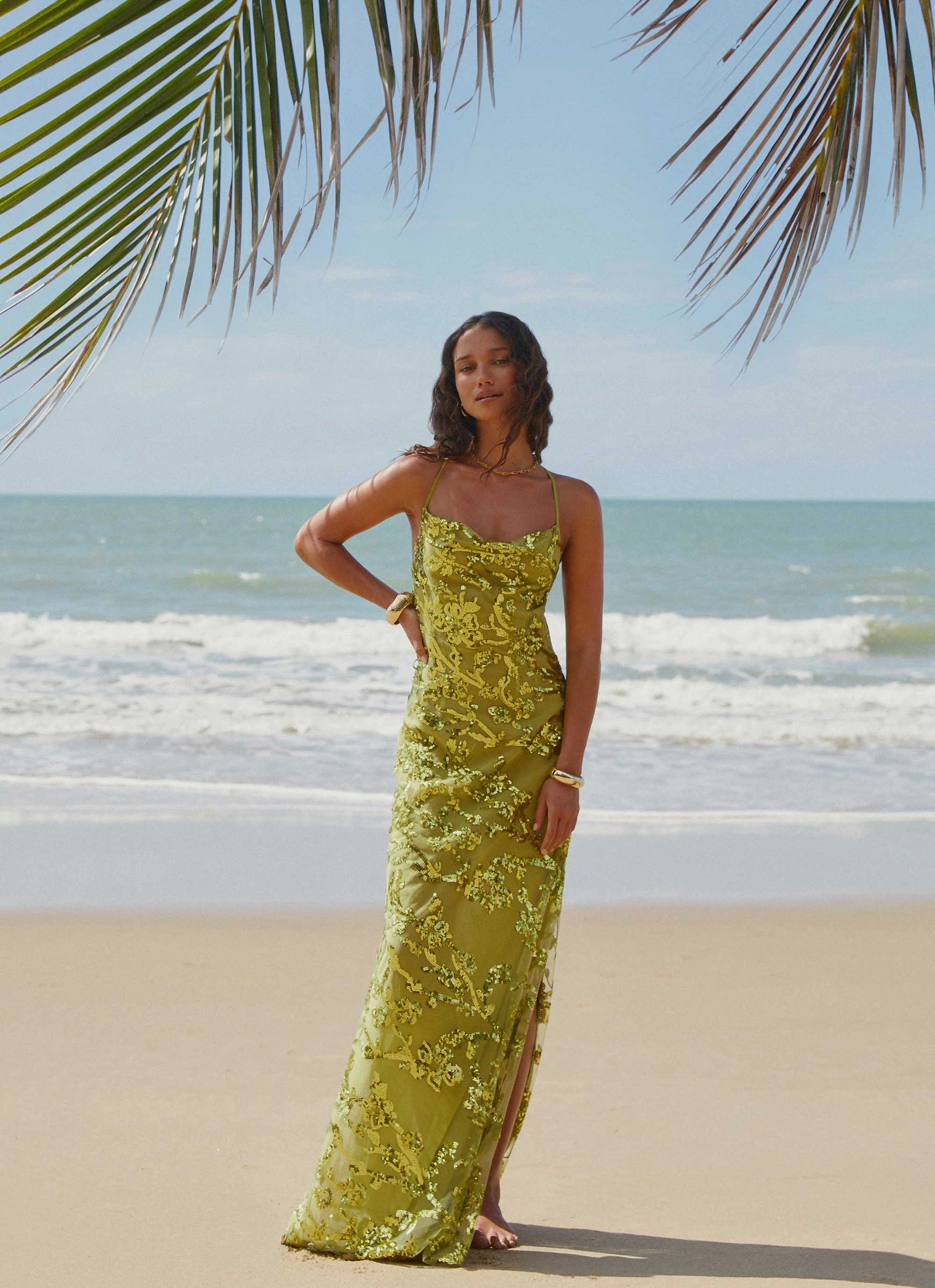 LowProfileZipper Fall Layer Havana Sequin Maxi Dress - Lime