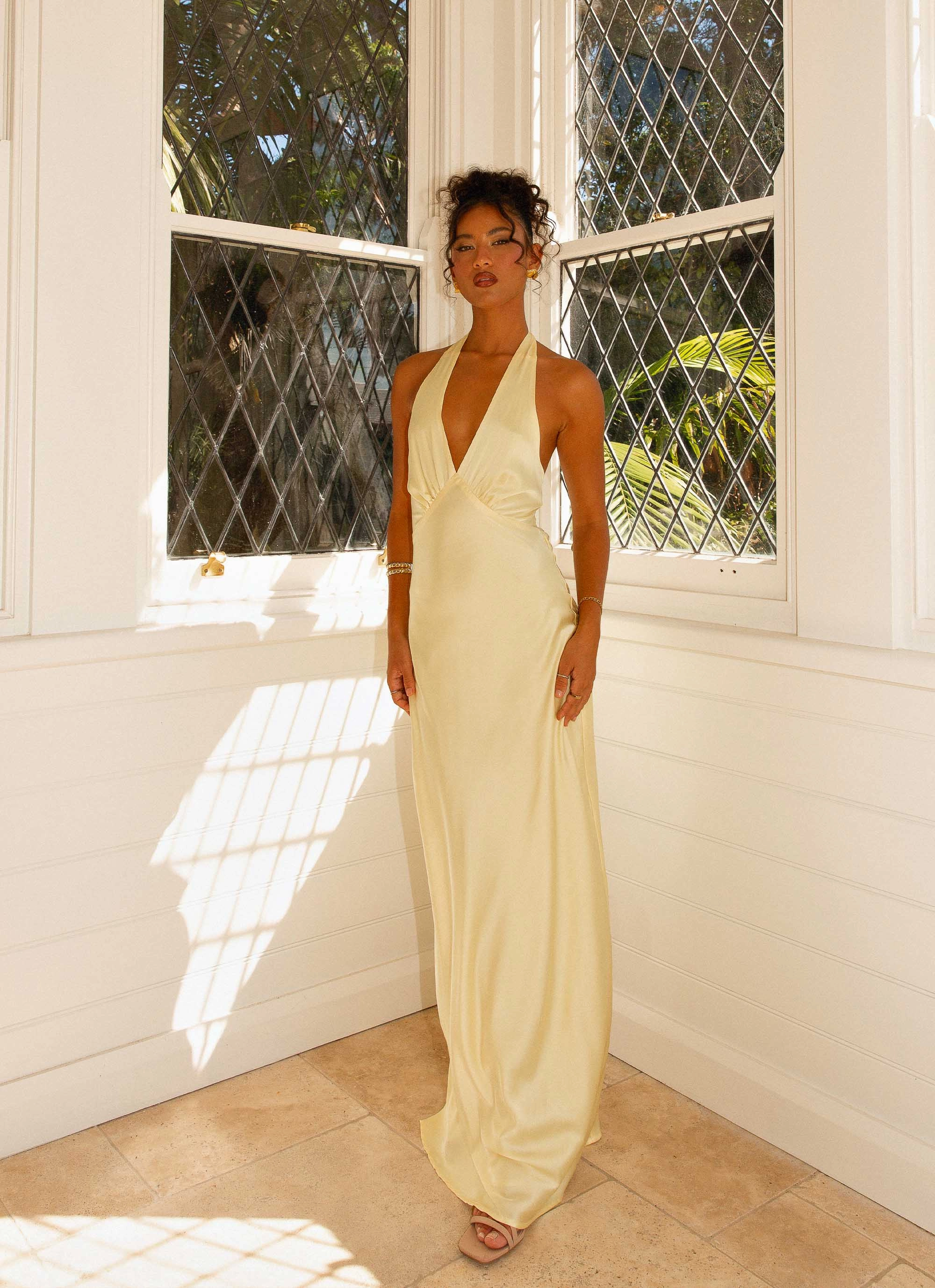 Heavy Hearted Satin Maxi Dress - Lemon Timeless Fit Look Urban Aesthetic