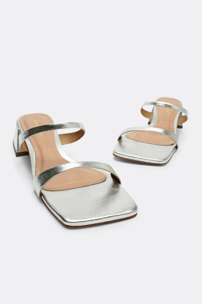 Multi Surface Comfortable Design Features Intentionally Blank Near Metallic Heeled Sandal in Silver