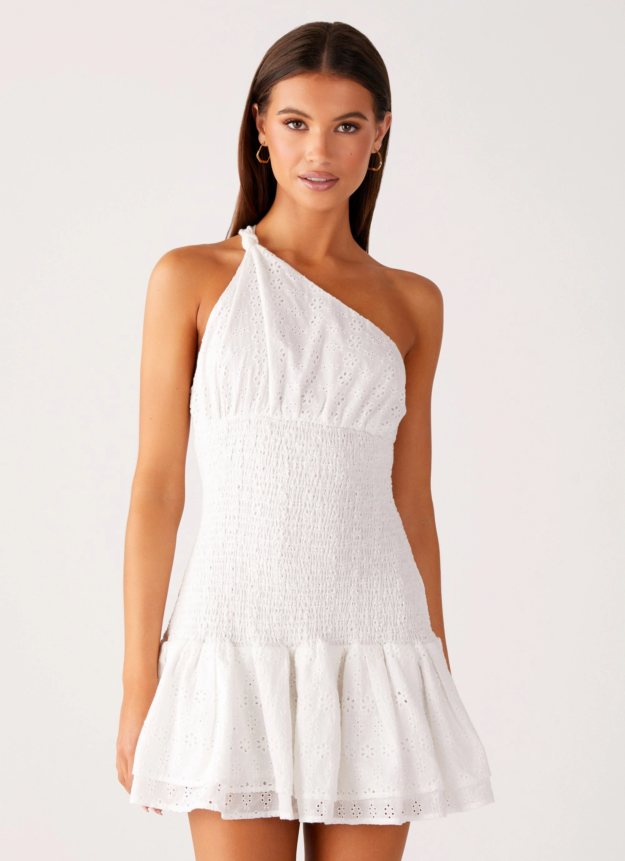 Hestia Drop Waist Shirring Mini Dress - White All Season Fall Tone