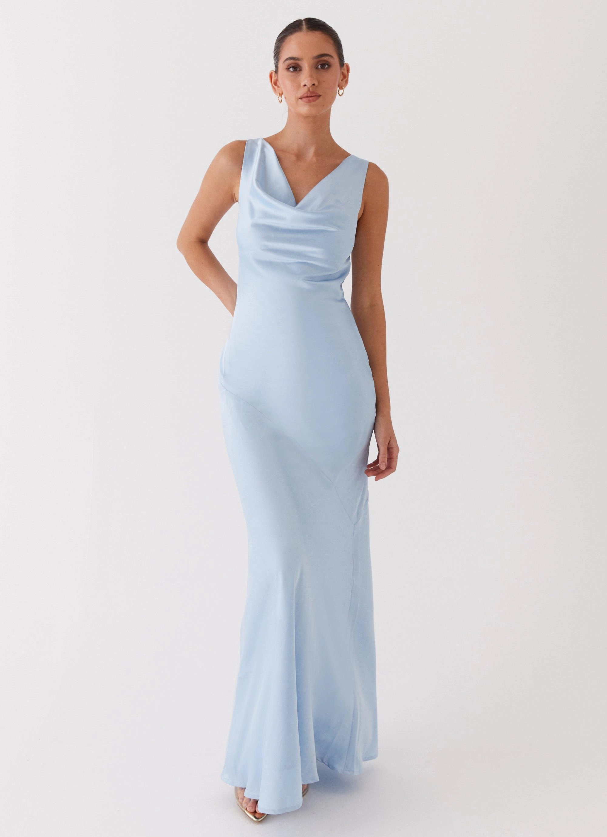 Be Mine Satin Maxi Dress - Blue Back-Zip Joyful Look