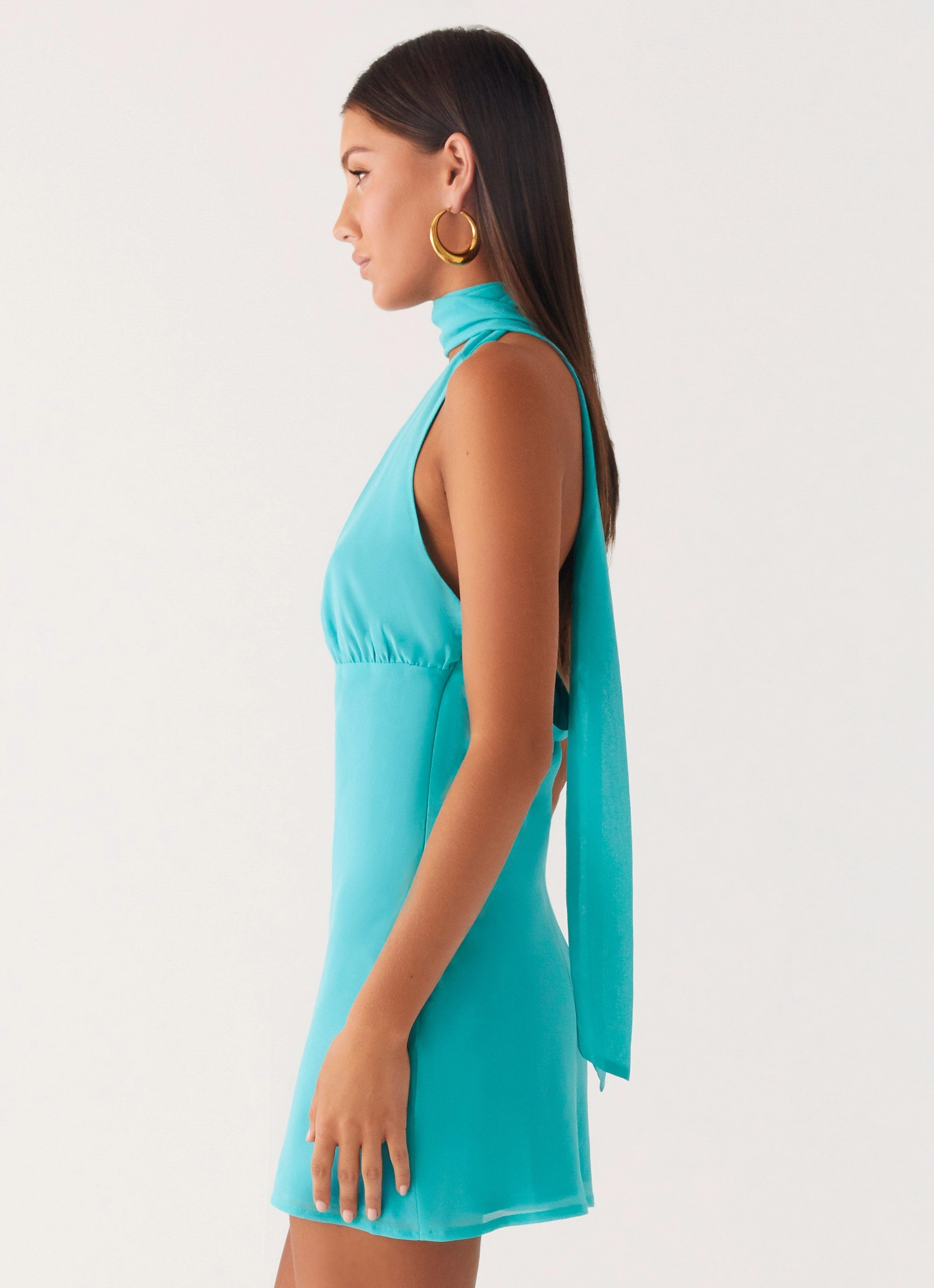 Melisande Scarf Neck Mini Dress - Aqua Blue Simple yet chic gown Clean Style