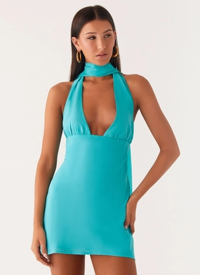 New York All-Day Fit Melisande Scarf Neck Mini Dress - Aqua Blue