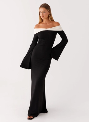 Hits Different Long Sleeve Maxi Dress - Black Minimal Details Belt Waist