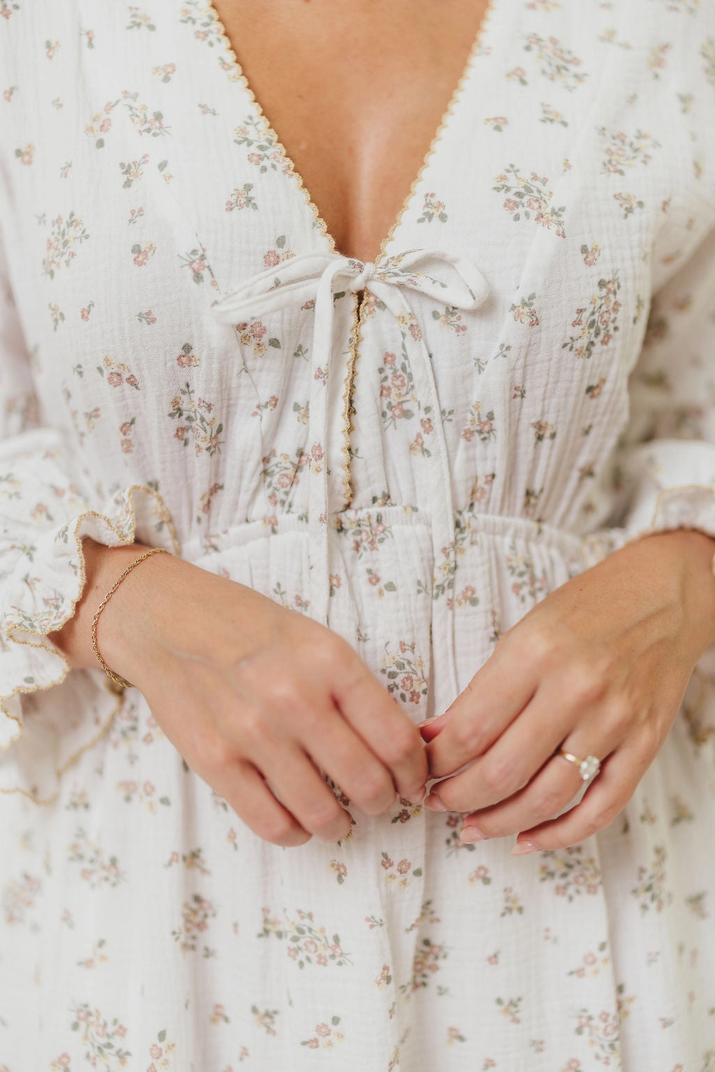 Climate-Adaptive Sleek Outline Hunter 100% Cotton Gauze Maxi Dress with Detail Trimming in Ivory Pink Floral - Bump Friendly and Inclusive Sizing