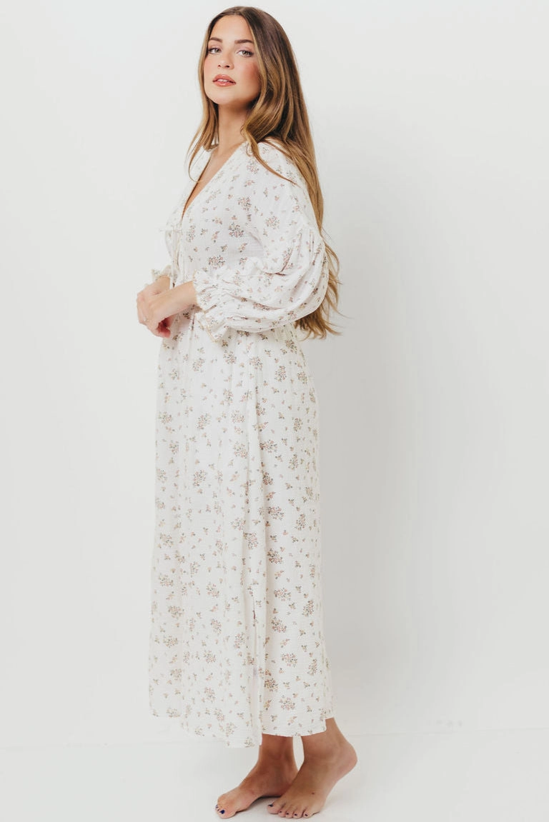 Hunter 100% Cotton Gauze Maxi Dress with Detail Trimming in Ivory Pink Floral - Bump Friendly and Inclusive Sizing Romantic-Style