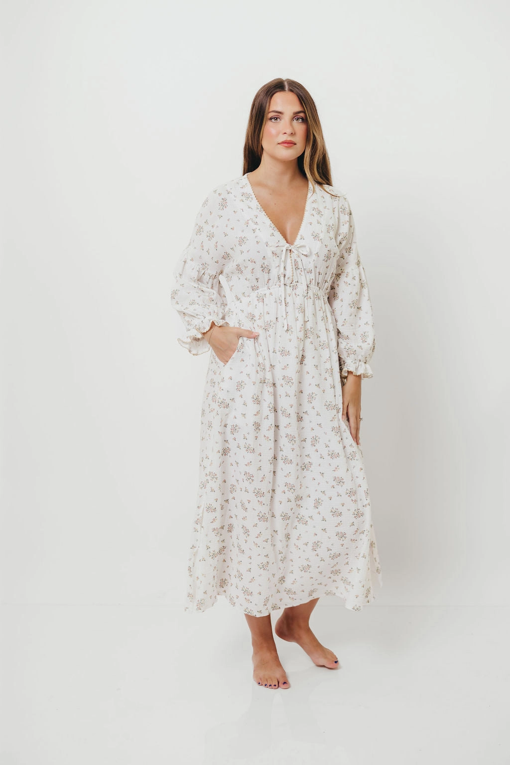 Day-To-Night Wear Hunter 100% Cotton Gauze Maxi Dress with Detail Trimming in Ivory Pink Floral - Bump Friendly and Inclusive Sizing