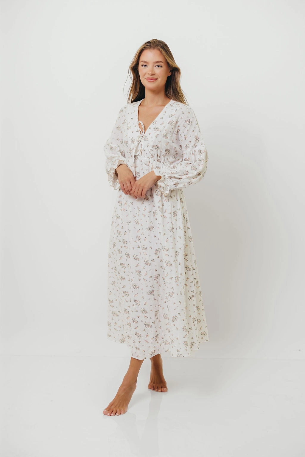 Warm Soft Vibrant Colors Hunter 100% Cotton Gauze Maxi Dress with Detail Trimming in Ivory Pink Floral - Bump Friendly and Inclusive Sizing