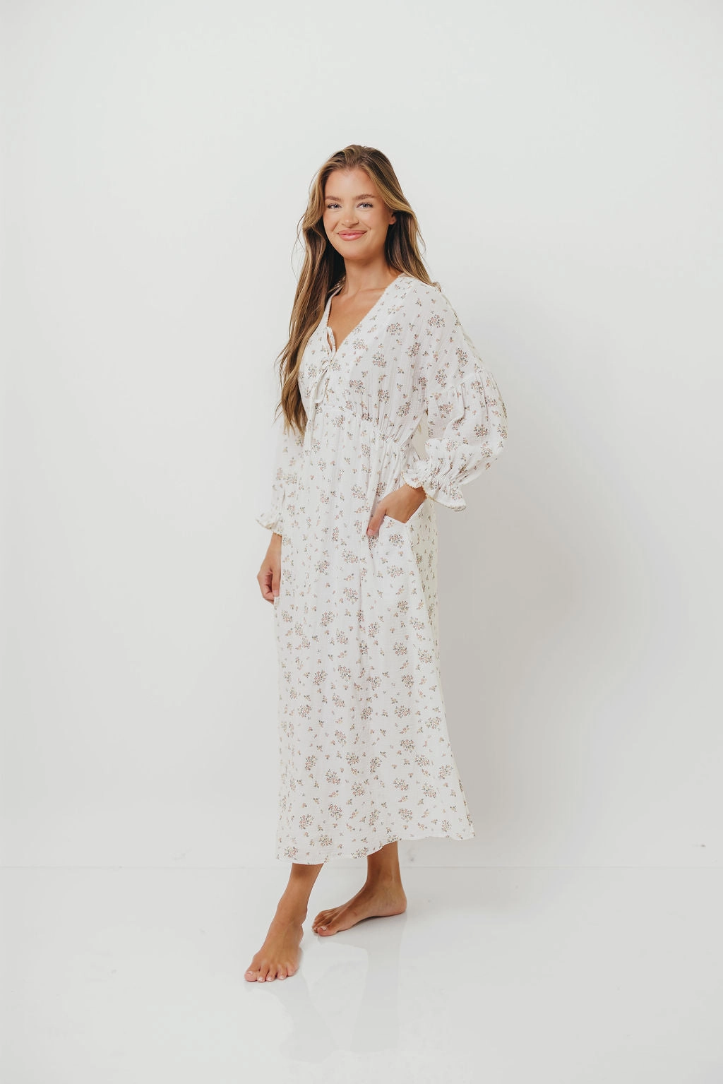Hunter 100% Cotton Gauze Maxi Dress with Detail Trimming in Ivory Pink Floral - Bump Friendly and Inclusive Sizing Effortless Elegance