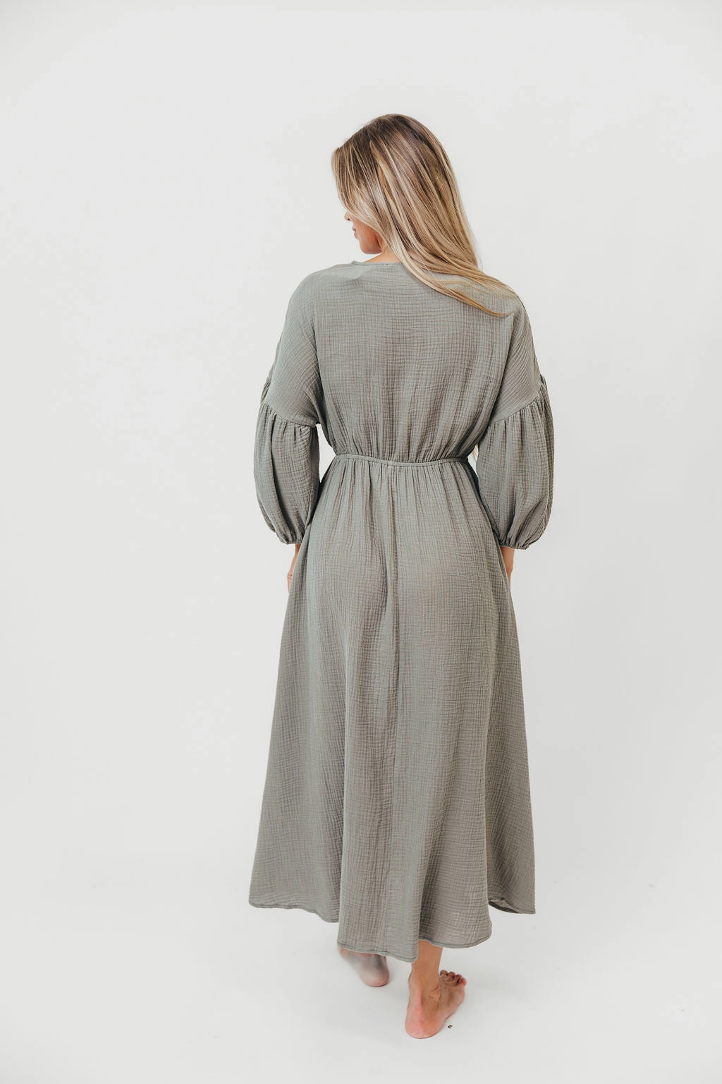 Hunter 100% Cotton Gauze Midi Dress in Dry Sage Flowy summer gown Subtle Look