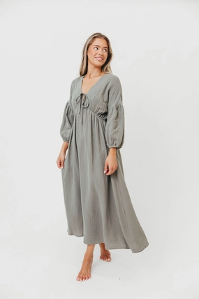 Hunter 100% Cotton Gauze Midi Dress in Dry Sage Relaxed-fit gown Feel Good