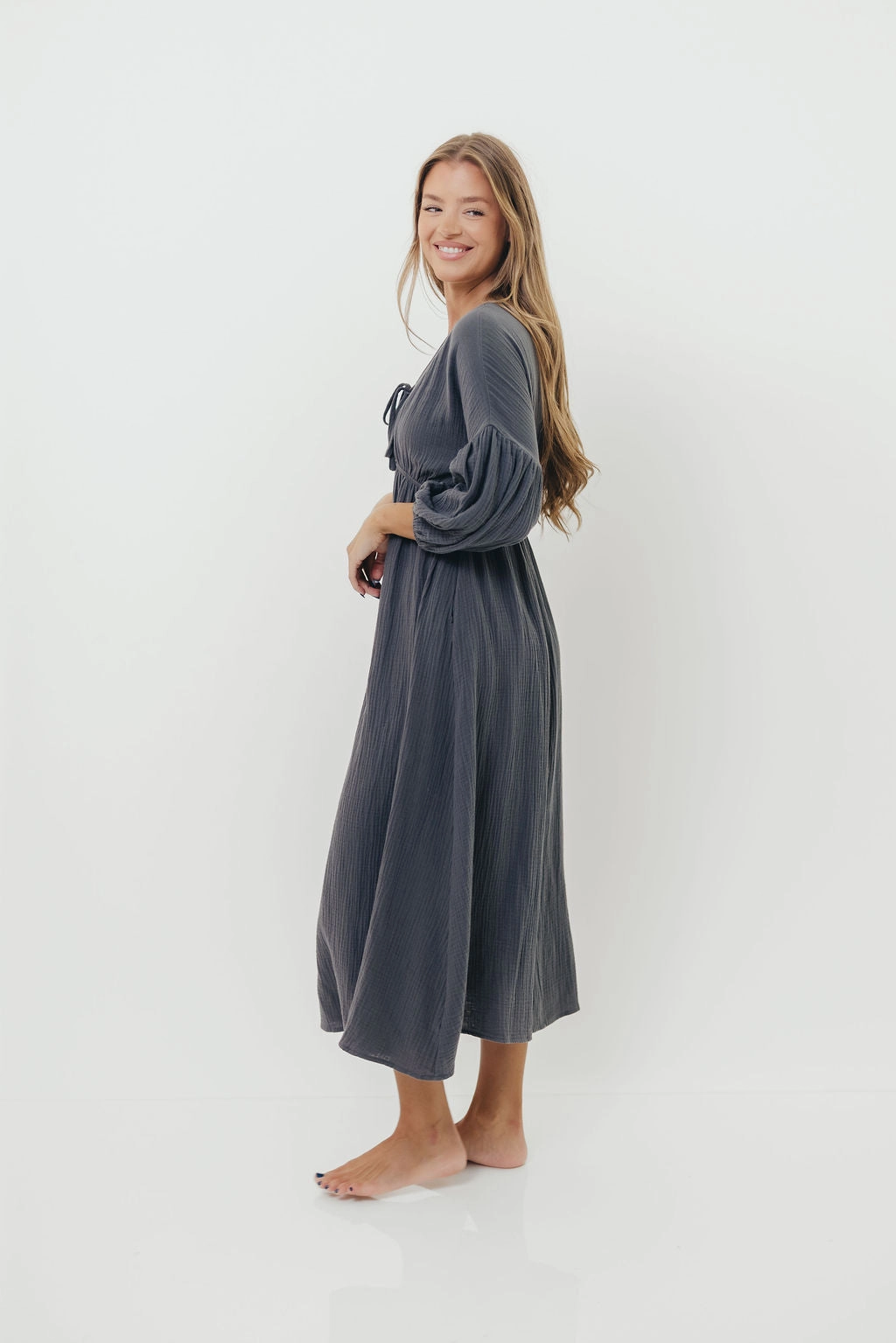 Hunter 100% Cotton Gauze Midi Dress in Dusty Navy - Bump Friendly *9/22 PRE-ORDER* Cool Form Fashionable Fit
