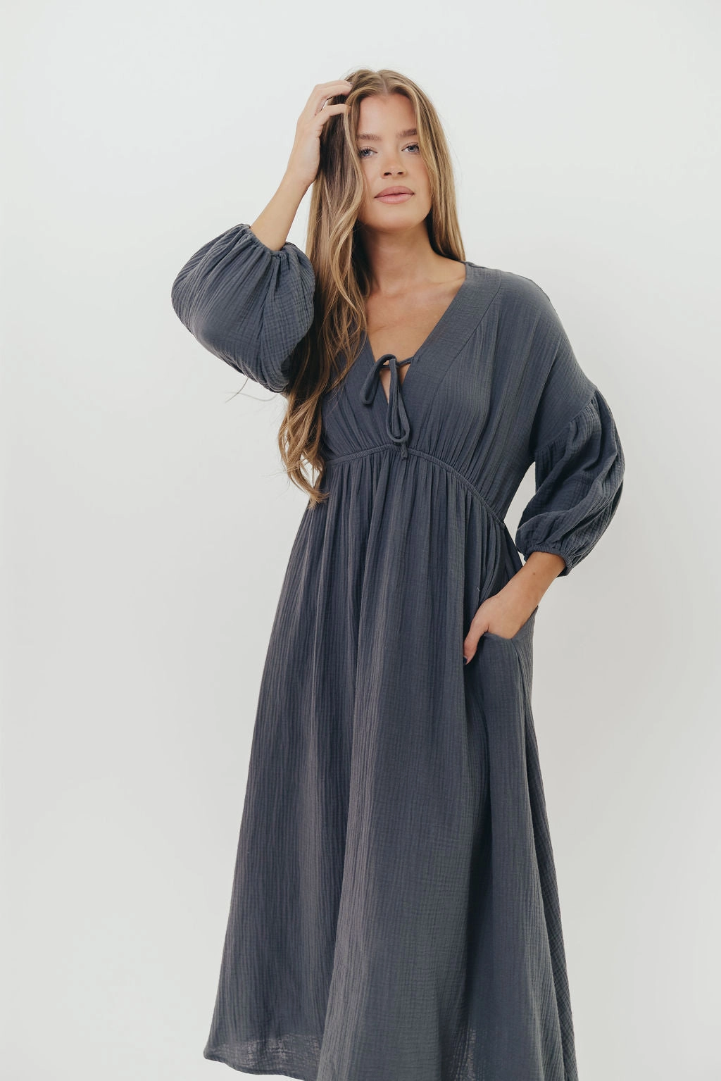 Morning Glow ElasticWaistband Hunter 100% Cotton Gauze Midi Dress in Dusty Navy - Bump Friendly *9/22 PRE-ORDER*