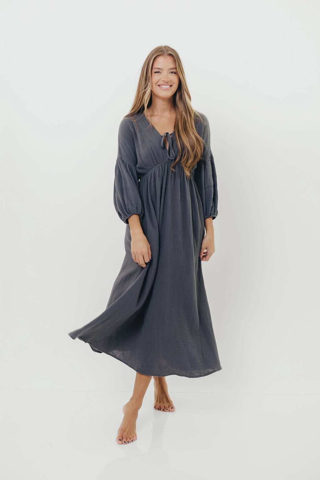 Hunter 100% Cotton Gauze Midi Dress in Dusty Navy - Bump Friendly *9/22 PRE-ORDER* WideCollarDesign Everyday Comfort Wear