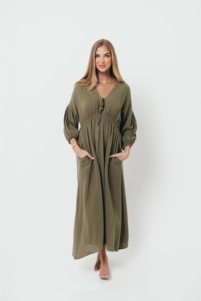 Comfort and Elegance Lightweight and Breezy Hunter 100% Cotton Gauze Midi Dress in Green - Bump Friendly *9/22 PRE-ORDER*