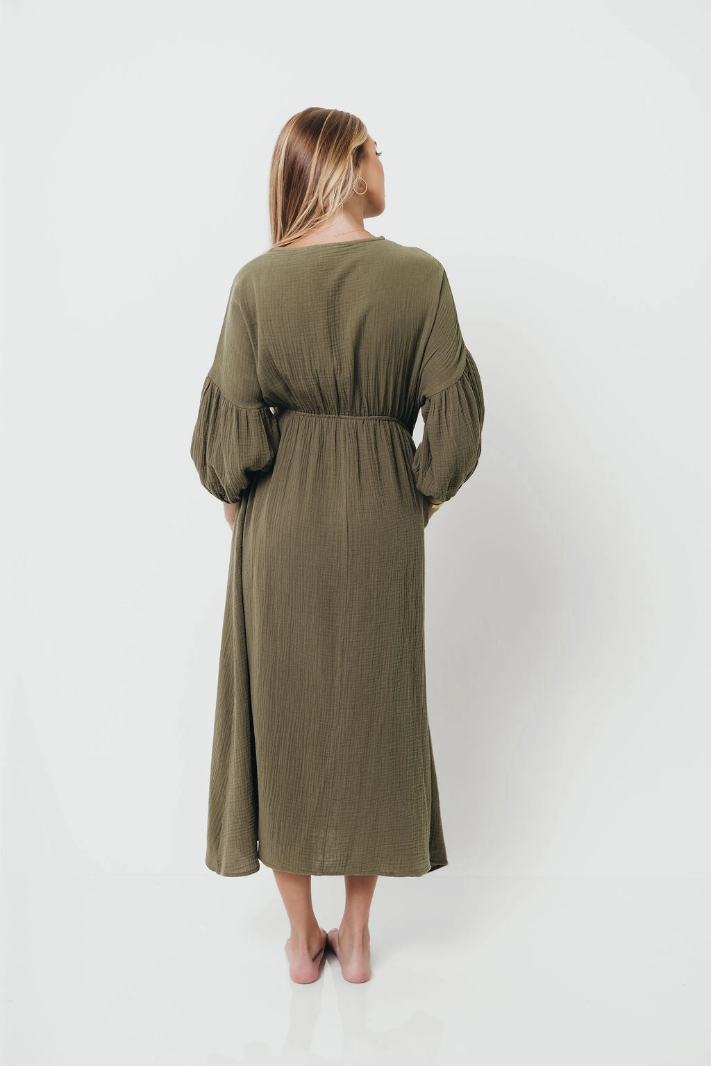Open Design Hunter 100% Cotton Gauze Midi Dress in Green - Bump Friendly *9/22 PRE-ORDER*